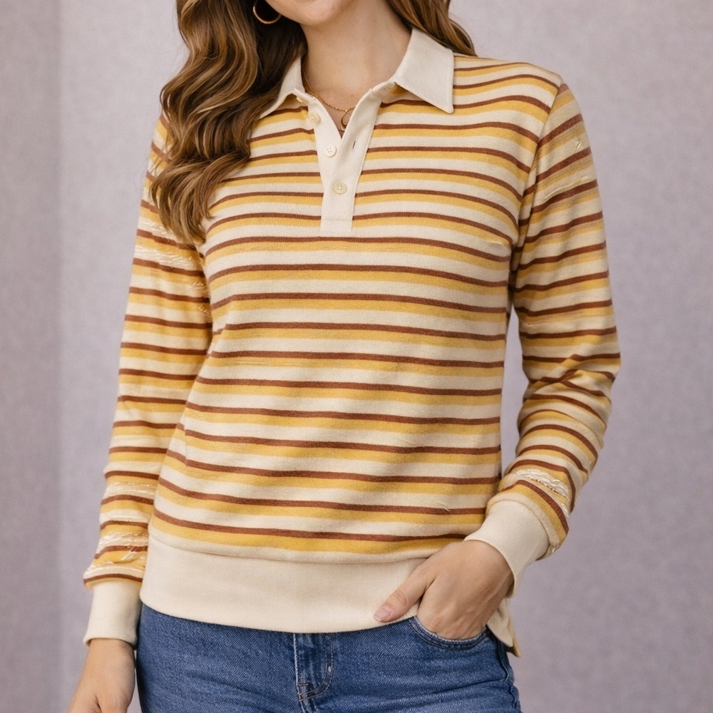 VTG CIA 1980s Canary Yellow Horizontal Striped Rugby Preppy Kidcore Shirt